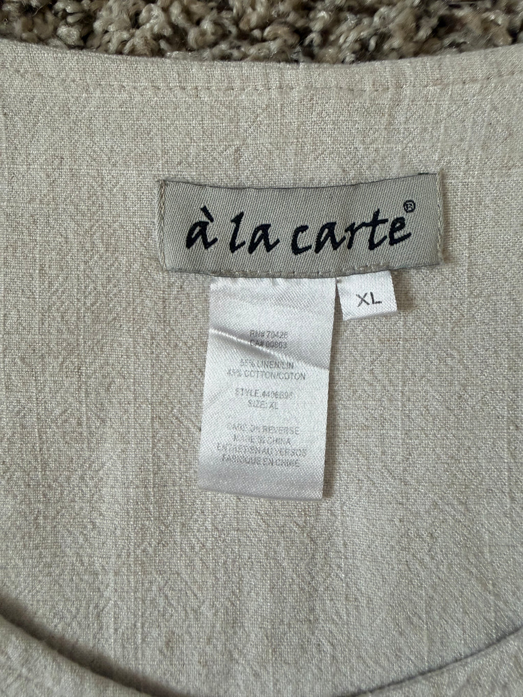 A La Carte 55% Linen 45% Cotton XL Beige 3/4 Sleeve Tunic
