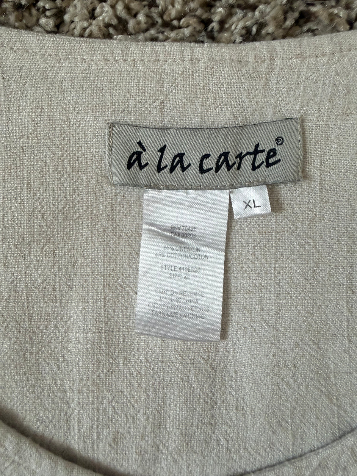 A La Carte 55% Linen 45% Cotton XL Beige 3/4 Sleeve Tunic
