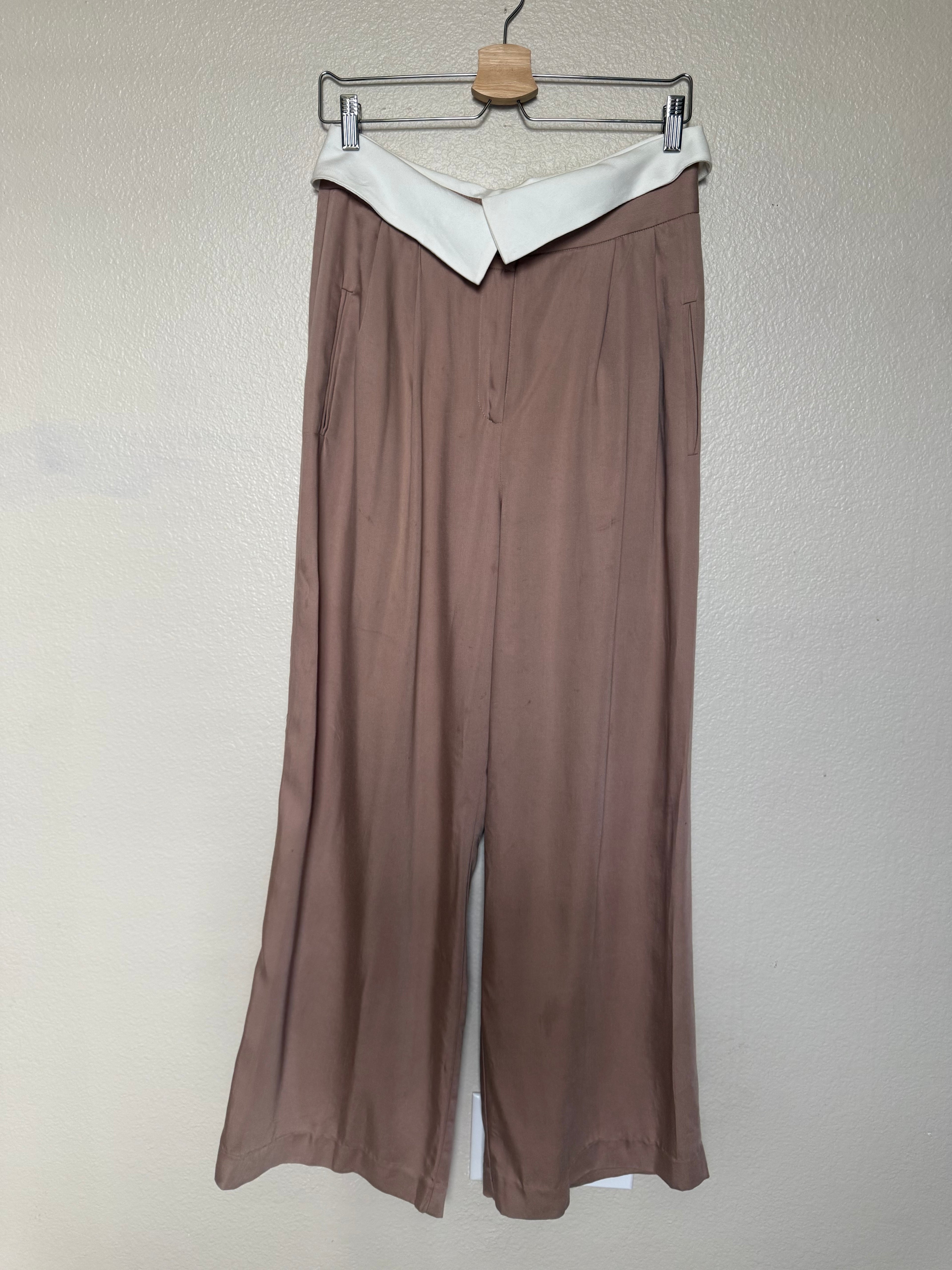 The Noli Shop 100% Tencel Size 8 Light Brown Straight Leg Pants With White Waistband