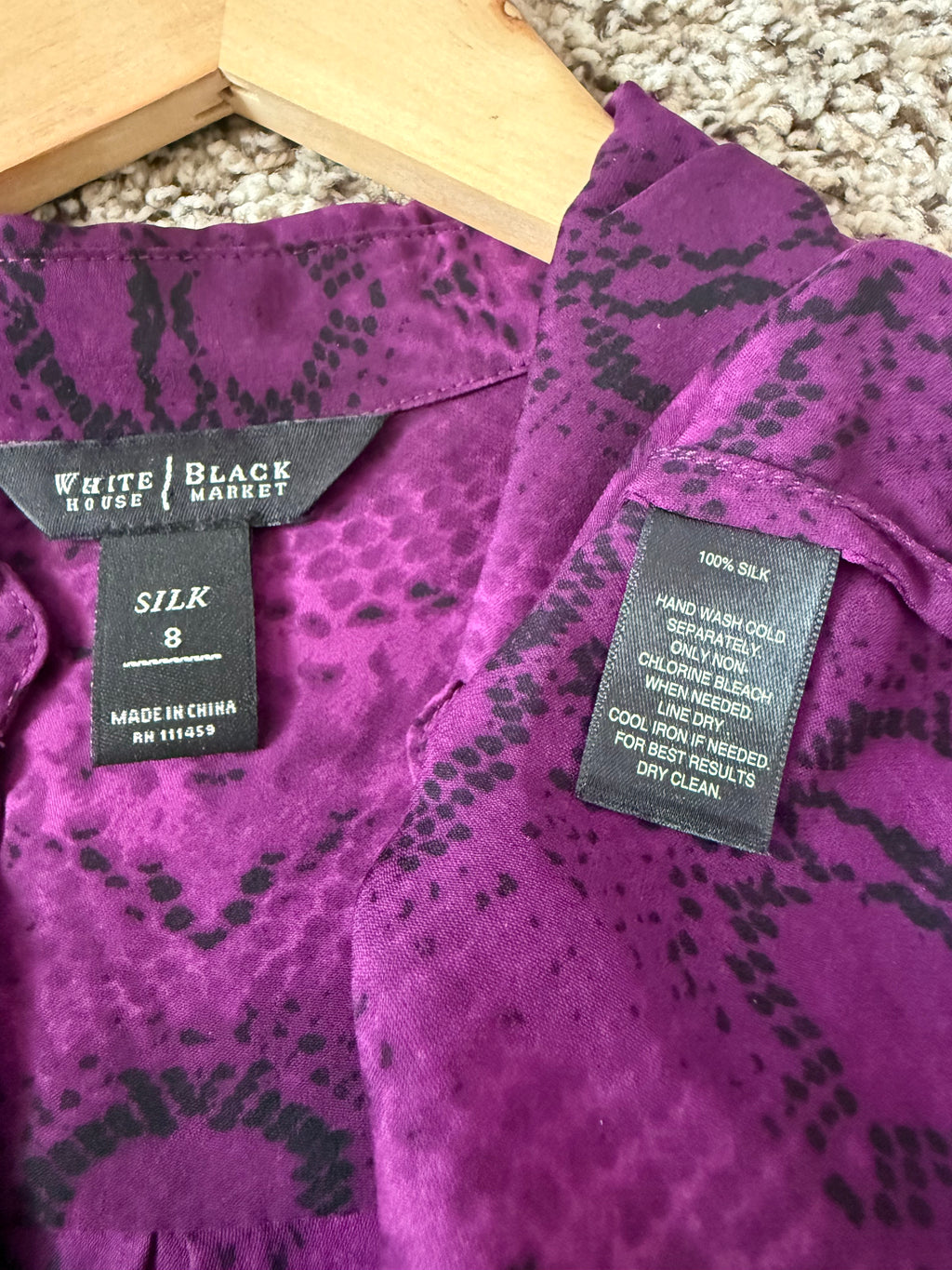 White Houst Black Market 100% Silk Size 8 Magenta Button Down