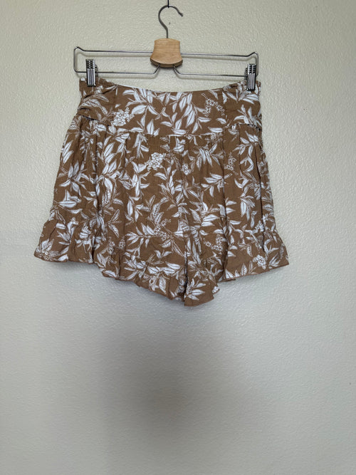 &Merci 60% Cotton 40% Rayon M Light Brown with White Plant Print Paper Bag Shorts