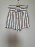 Umgee 55% Linen 45% Cotton S Tan and White Striped Paperbag Waistband Shorts