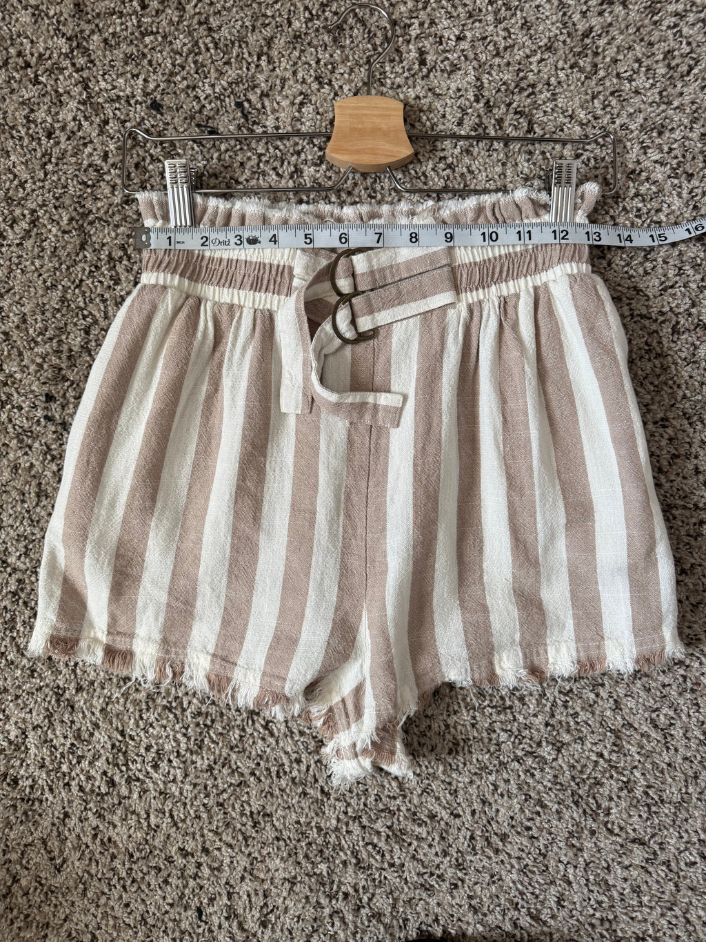 Umgee 55% Linen 45% Cotton S Tan and White Striped Paperbag Waistband Shorts