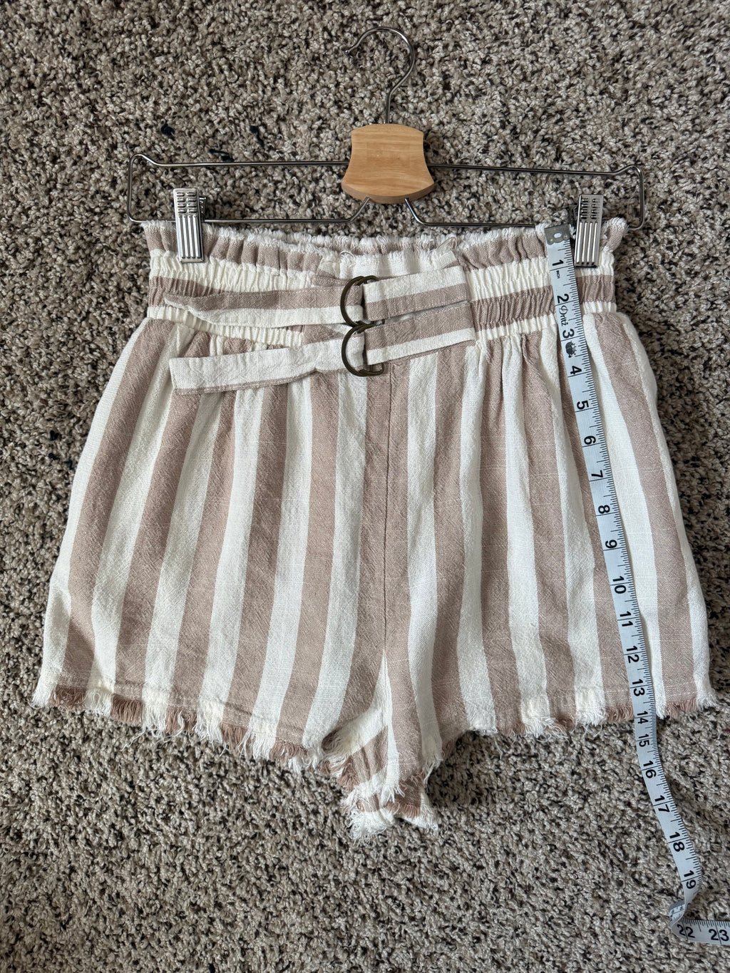 Umgee 55% Linen 45% Cotton S Tan and White Striped Paperbag Waistband Shorts