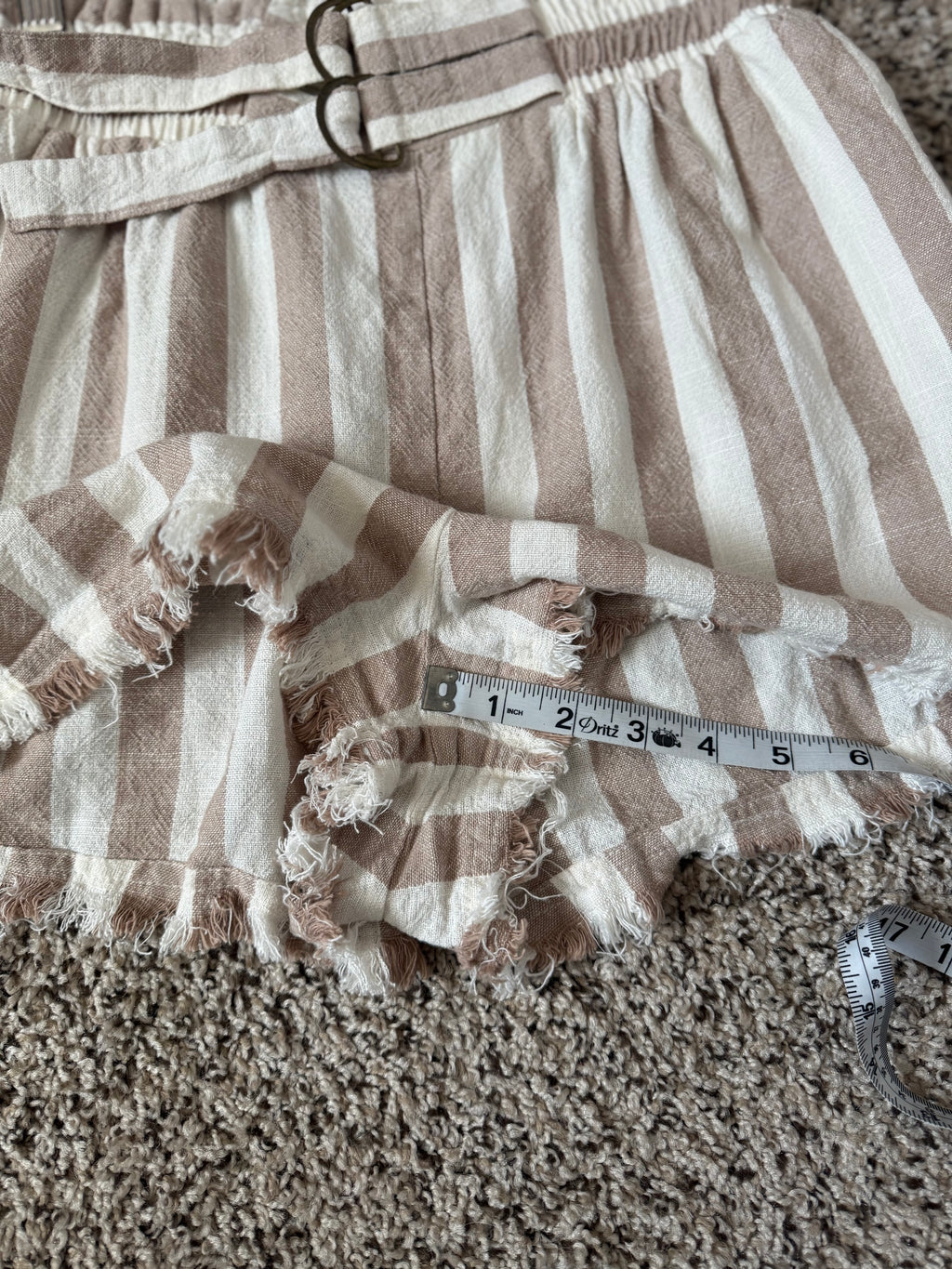 Umgee 55% Linen 45% Cotton S Tan and White Striped Paperbag Waistband Shorts