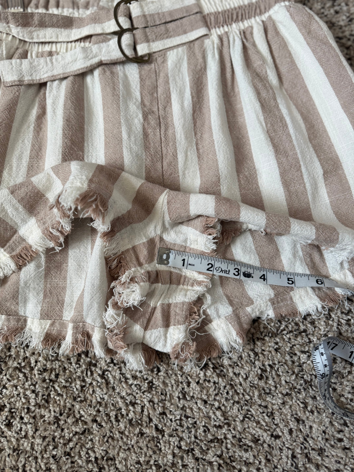 Umgee 55% Linen 45% Cotton S Tan and White Striped Paperbag Waistband Shorts