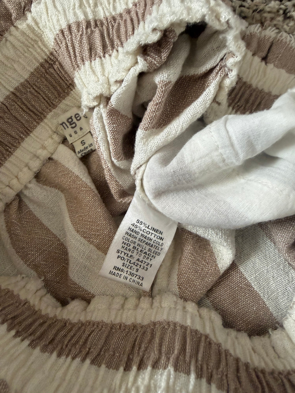 Umgee 55% Linen 45% Cotton S Tan and White Striped Paperbag Waistband Shorts