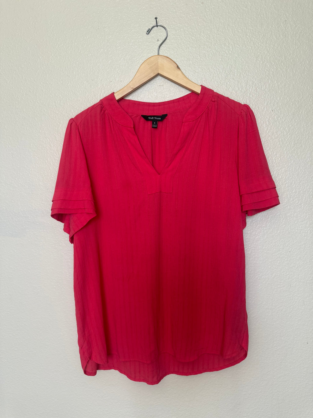 Well Worn 100% Viscose S Bright Red-Orange V-Neck Short Sleeve