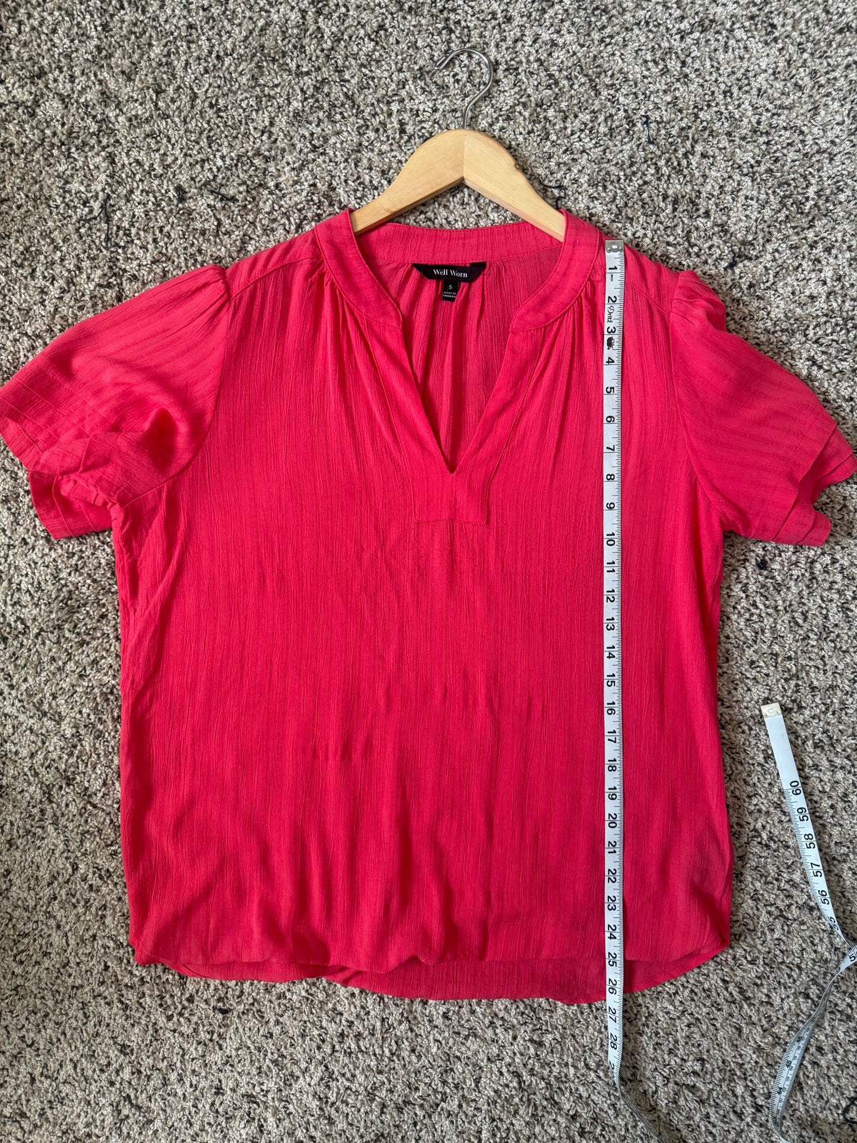 Well Worn 100% Viscose S Bright Red-Orange V-Neck Short Sleeve