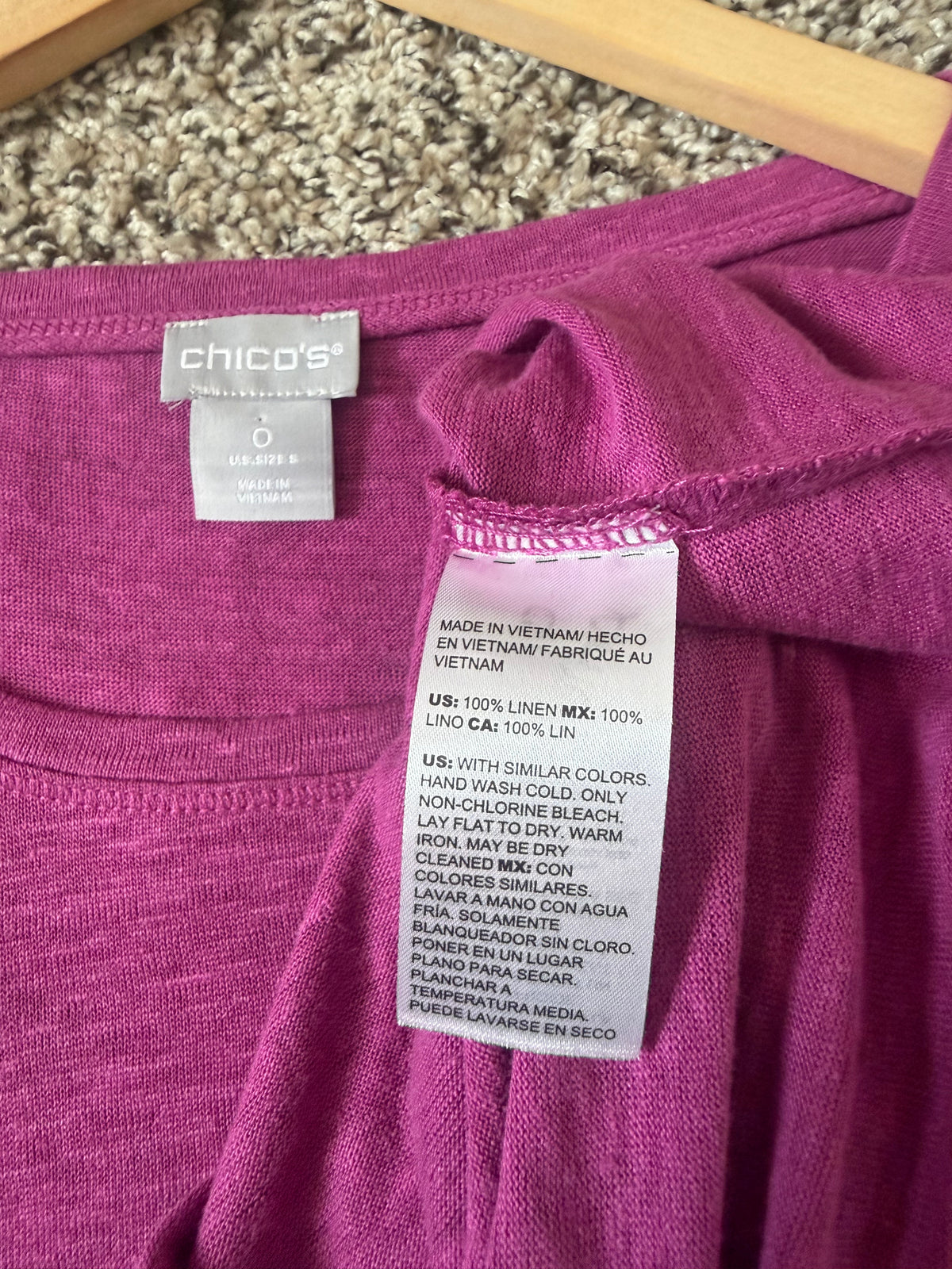 Chico's 100% Linen Size 0 Purple/Fuchsia Crew Neck Short Sleeve
