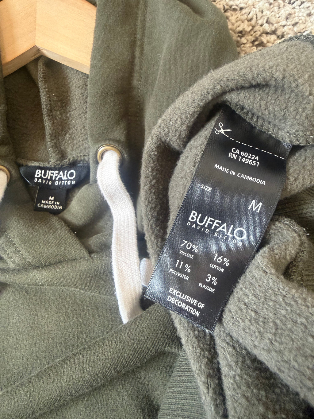 Buffalo David Bitton 70% Viscose 16% Cotton 11% Polyester 3% Elastane M Forest Green With White Drawstring Hoodie
