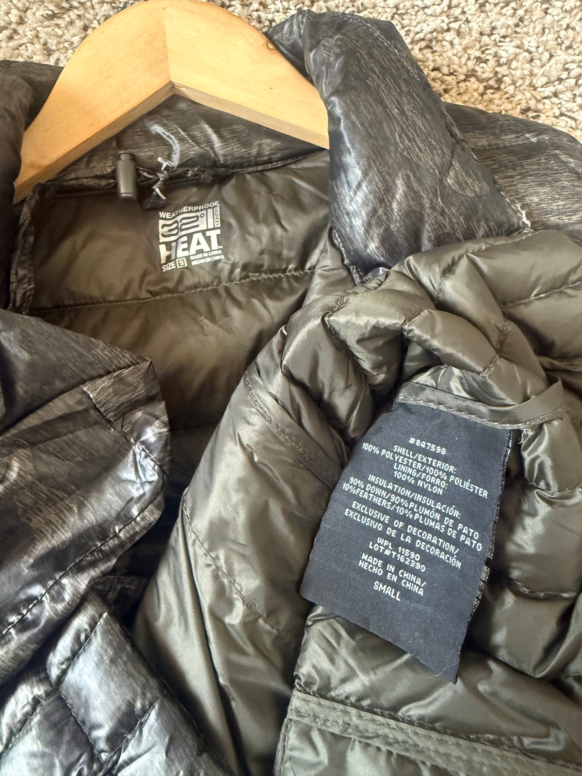 32 Degree Heat 90% Down 10% Feathers S Forest Green Army Print Packable Down