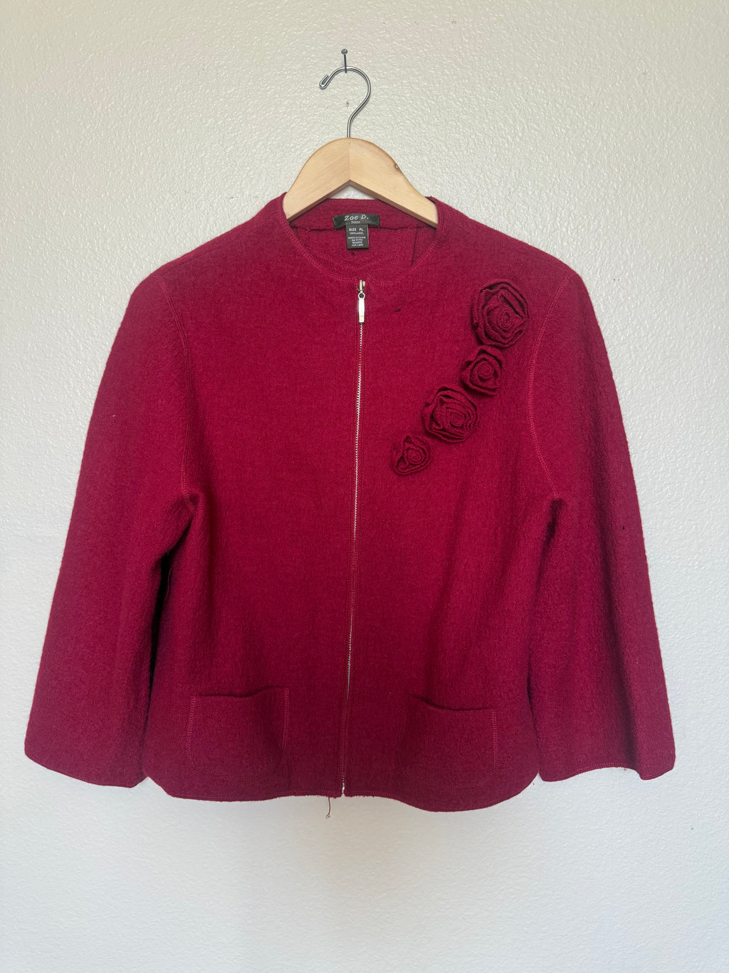 Zoe D. 100% Wool Petite L Red Zip Up Jacket with Rose Detail