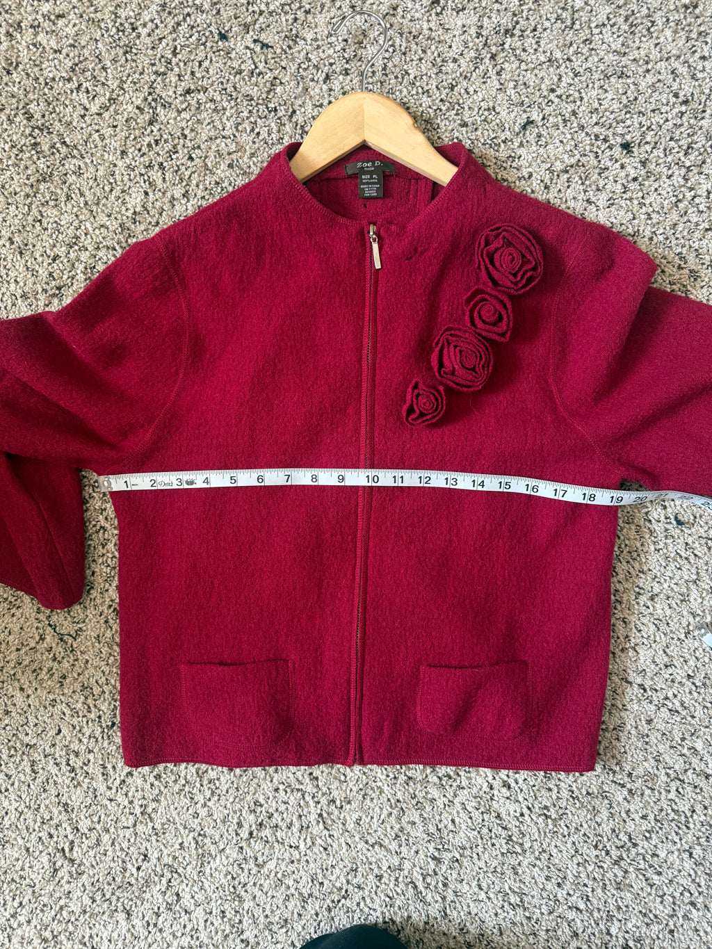 Zoe D. 100% Wool Petite L Red Zip Up Jacket with Rose Detail