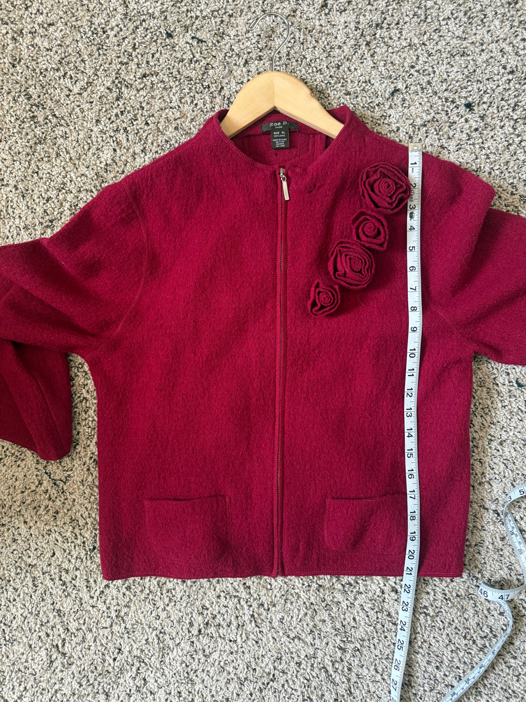 Zoe D. 100% Wool Petite L Red Zip Up Jacket with Rose Detail
