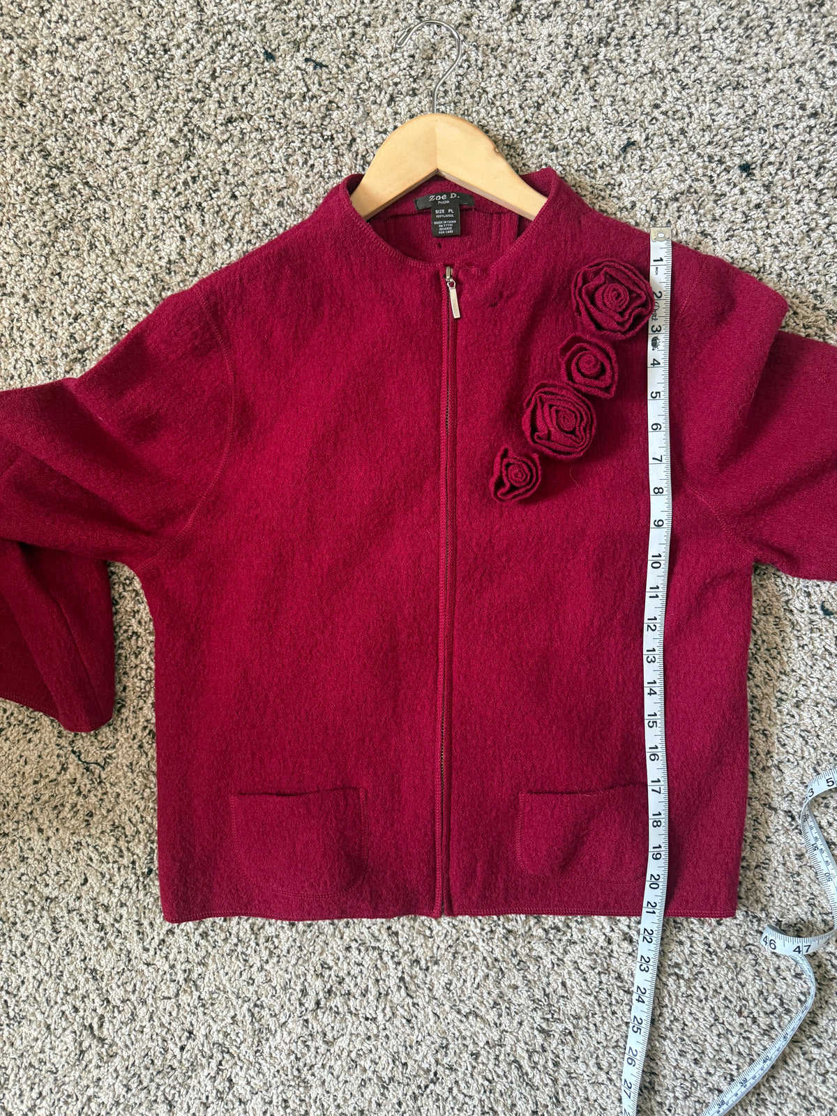 Zoe D. 100% Wool Petite L Red Zip Up Jacket with Rose Detail