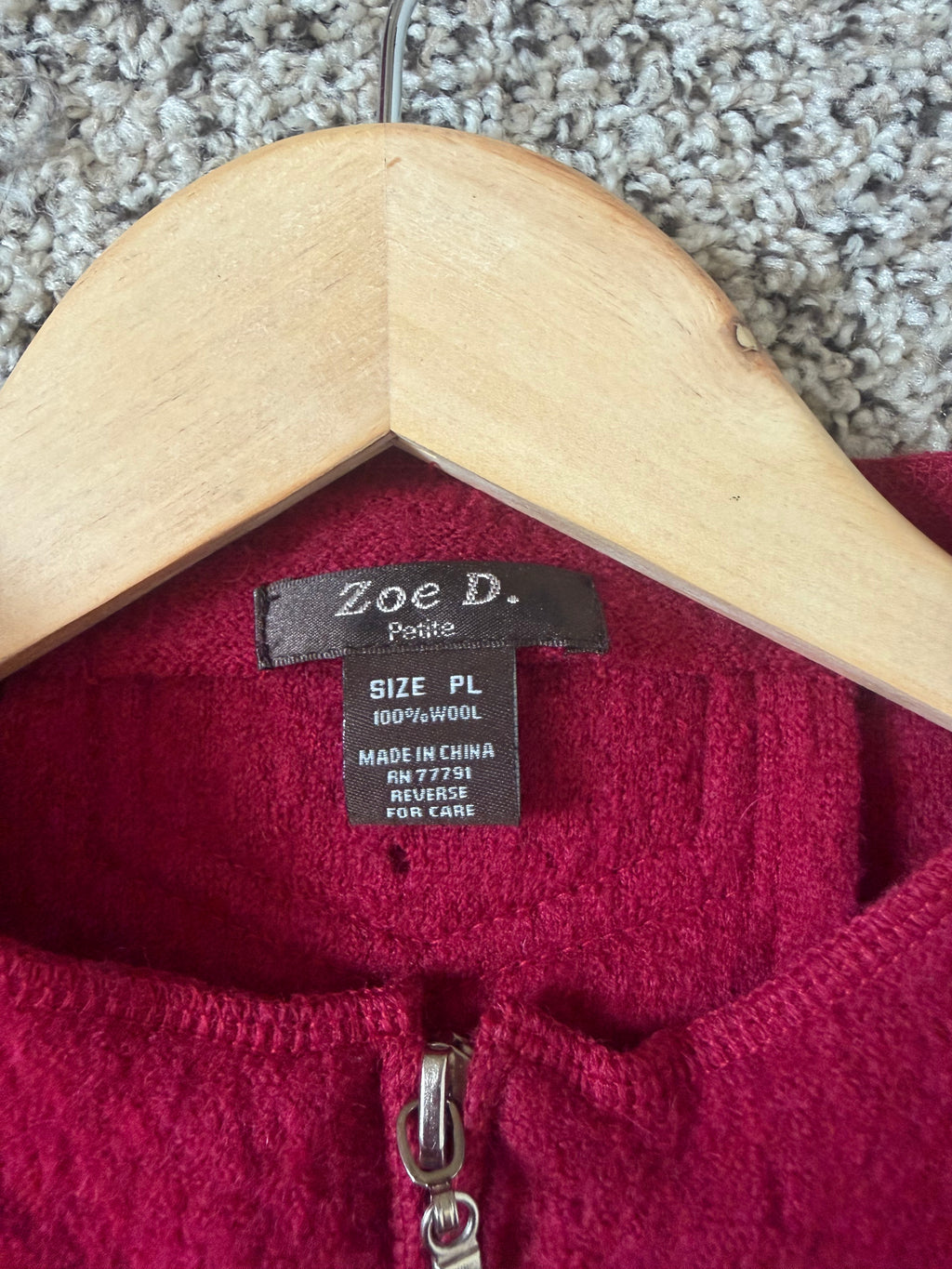 Zoe D. 100% Wool Petite L Red Zip Up Jacket with Rose Detail