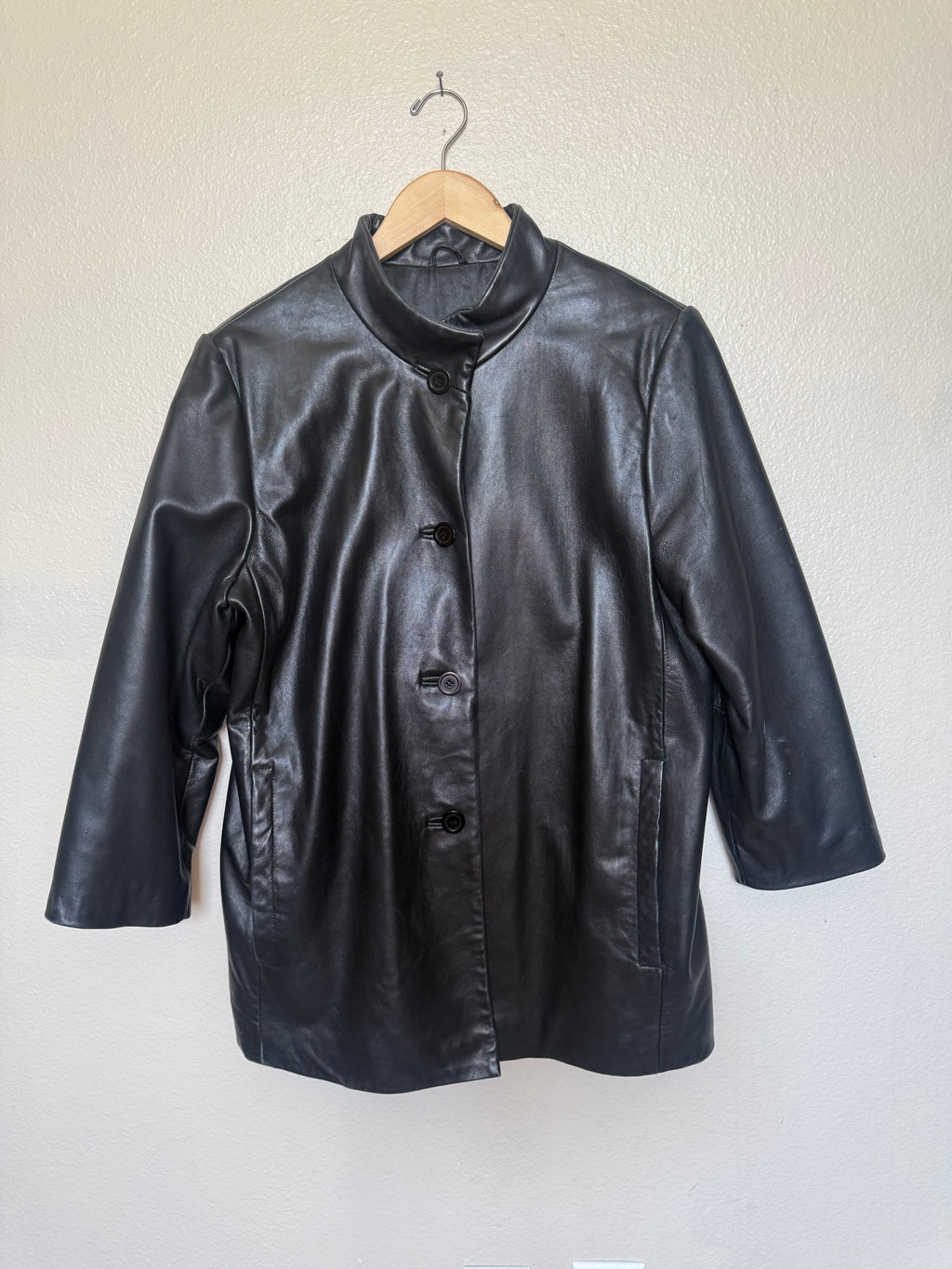 L.N.R 100% Genuine Leather S Black 3/4 Sleeve Button Down Jacket
