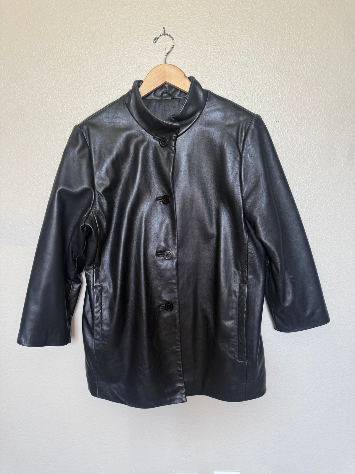 L.N.R 100% Genuine Leather S Black 3/4 Sleeve Button Down Jacket