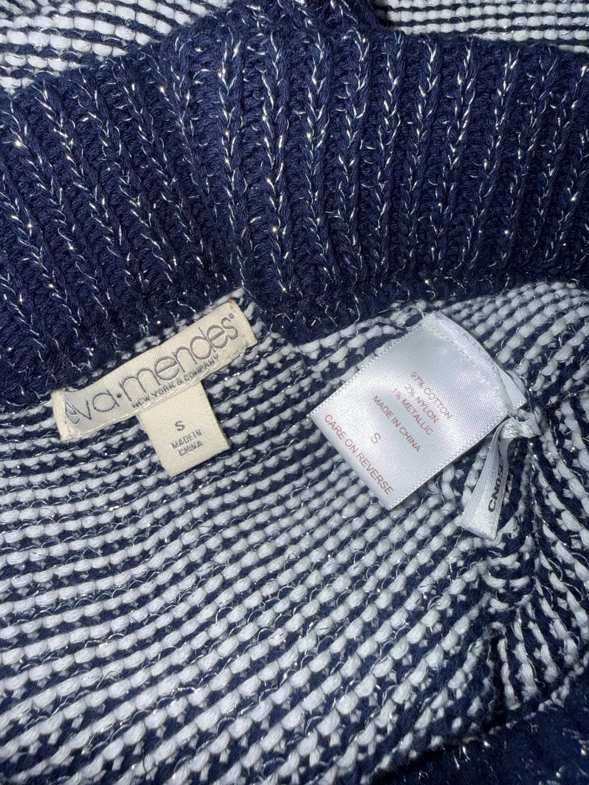 Eva Mendes 97% Cotton 2% Nylon 1% Metallic S Sparkly Navy Blue and White Skirt/Dress