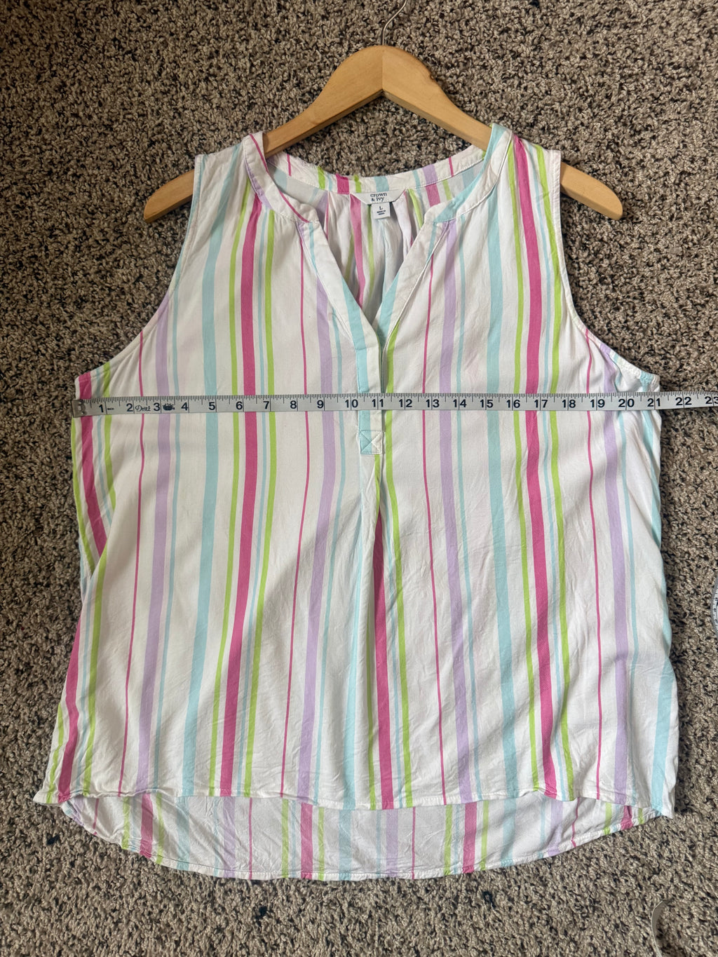Crown & Ivy 97% Rayon 3% Spandex L Pastel Purple Green Red and Blue Striped V-Neck Tank Top