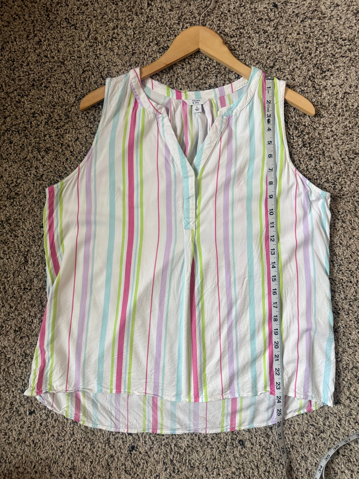 Crown & Ivy 97% Rayon 3% Spandex L Pastel Purple Green Red and Blue Striped V-Neck Tank Top