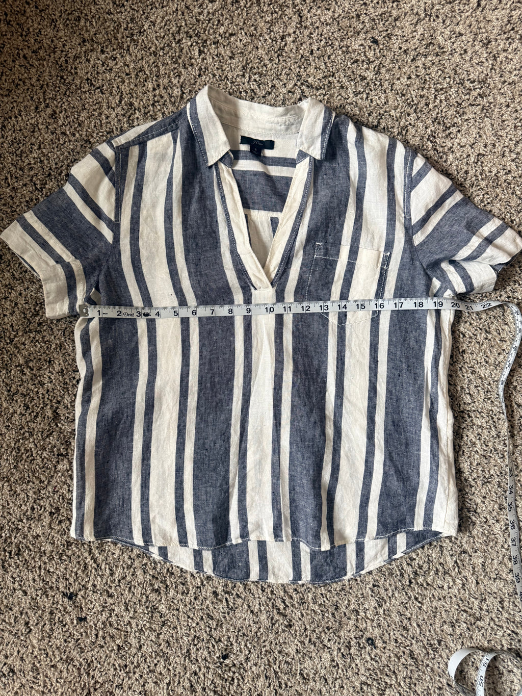 J. Crew 100% Linen S Blue and White Striped Short Sleeve Shirt