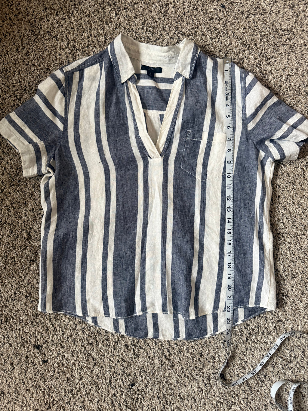 J. Crew 100% Linen S Blue and White Striped Short Sleeve Shirt