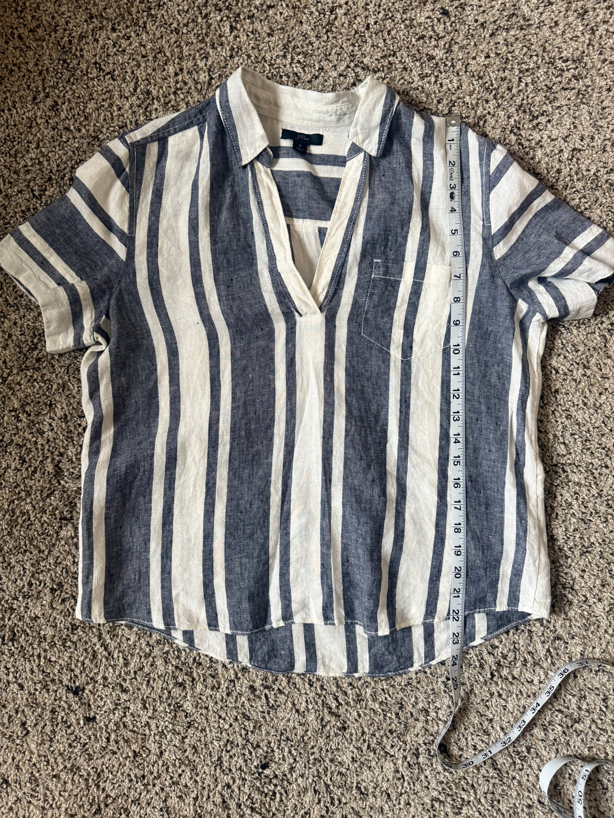 J. Crew 100% Linen S Blue and White Striped Short Sleeve Shirt