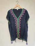 Surf Gypsy 100% Rayon M Navy Blue with Pink Purple and Green Embroidery Short Sleeve