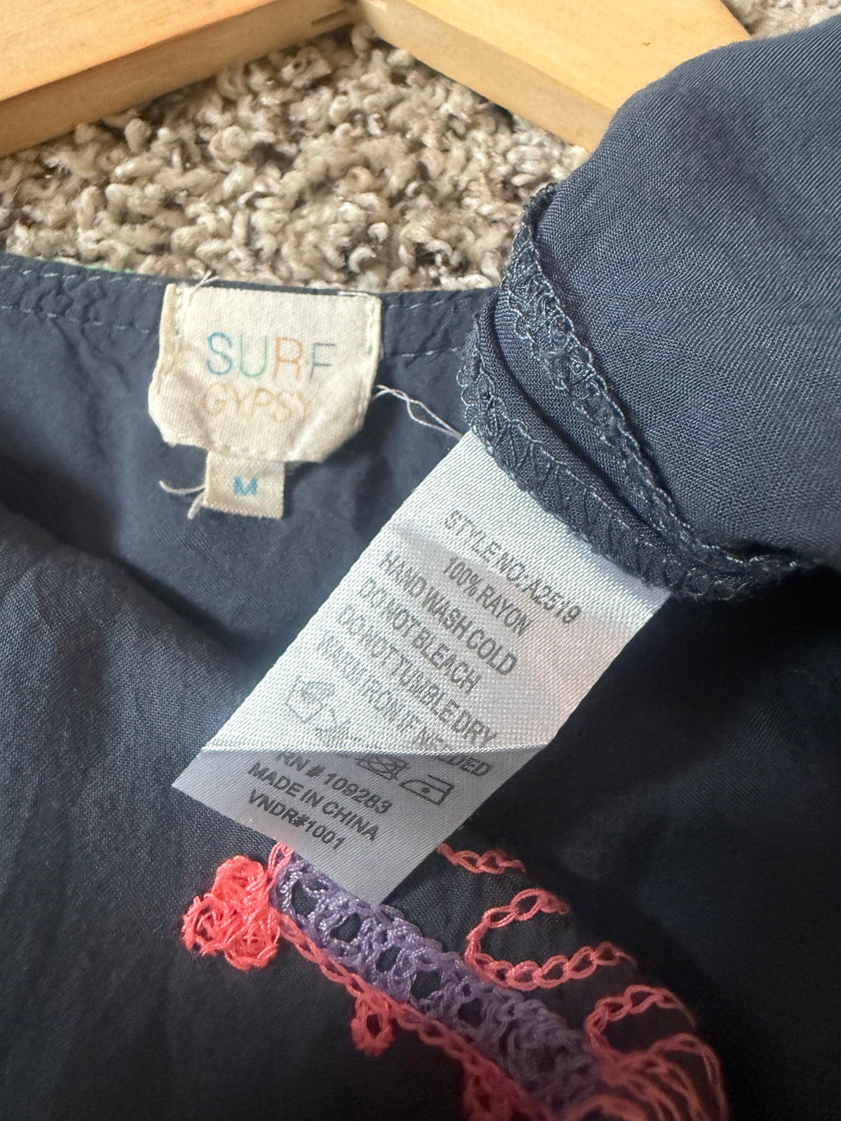 Surf Gypsy 100% Rayon M Navy Blue with Pink Purple and Green Embroidery Short Sleeve