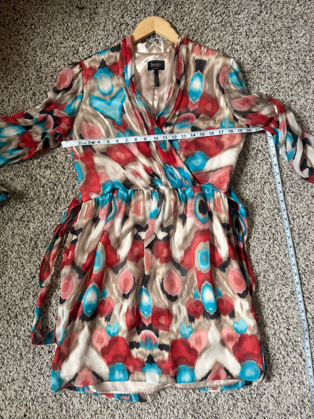 Laundry by Shelli Segal 100% Silk Size 12 Blue Coral and Beige Patterned Dress