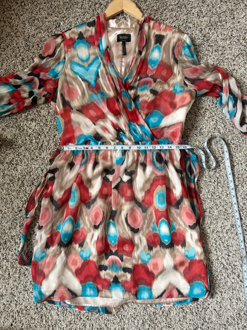 Laundry by Shelli Segal 100% Silk Size 12 Blue Coral and Beige Patterned Dress