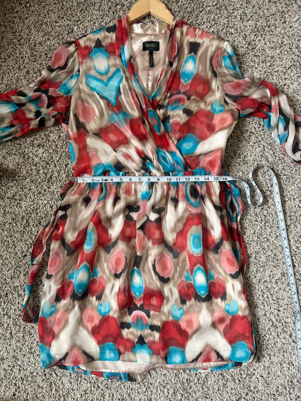 Laundry by Shelli Segal 100% Silk Size 12 Blue Coral and Beige Patterned Dress