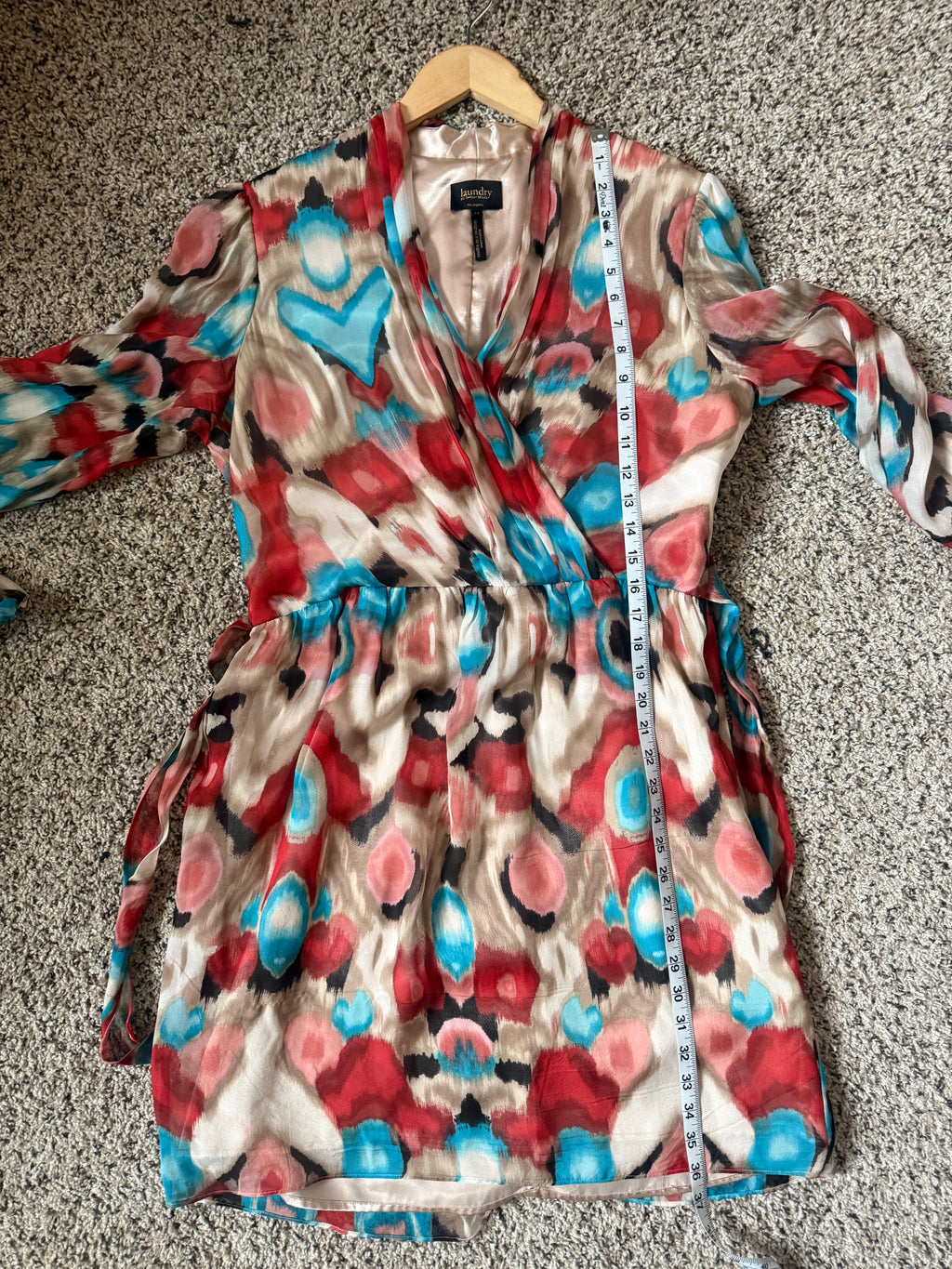 Laundry by Shelli Segal 100% Silk Size 12 Blue Coral and Beige Patterned Dress