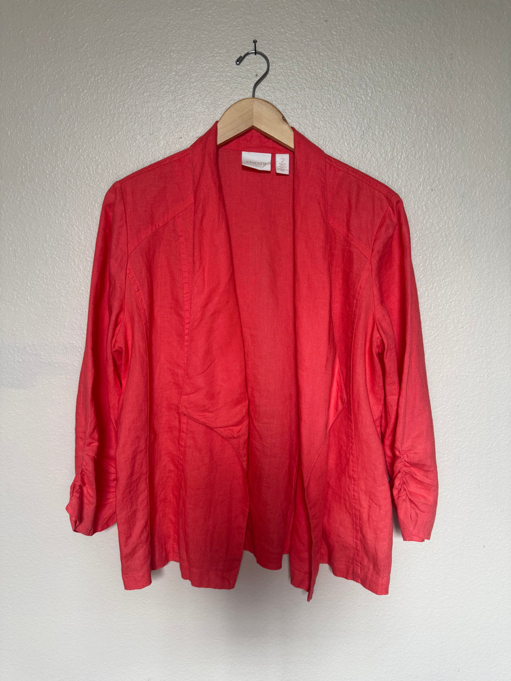 Chico's 100% Linen Size 2 (L, Size 12) Bright Coral Long Sleeve Cardigan