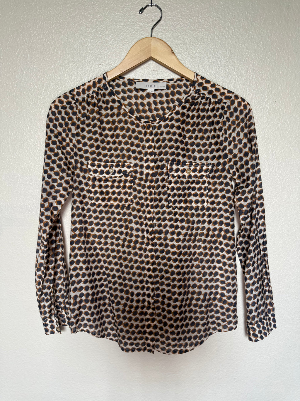 Loft 70% Cotton 30% Silk XSP Brown Black and Beige Dot Print Long Sleeve Button Down