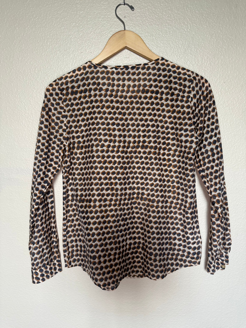 Loft 70% Cotton 30% Silk XSP Brown Black and Beige Dot Print Long Sleeve Button Down