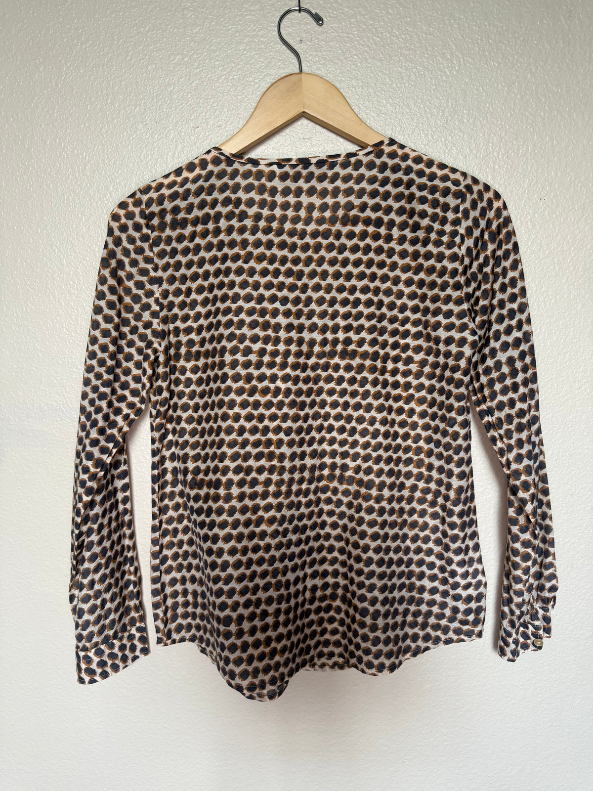 Loft 70% Cotton 30% Silk XSP Brown Black and Beige Dot Print Long Sleeve Button Down