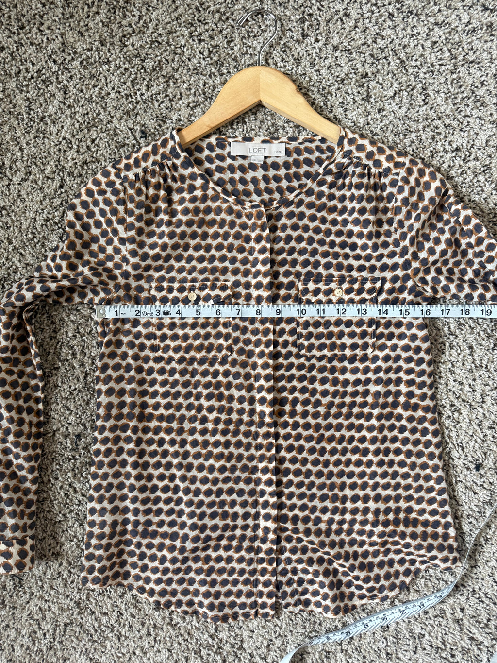 Loft 70% Cotton 30% Silk XSP Brown Black and Beige Dot Print Long Sleeve Button Down
