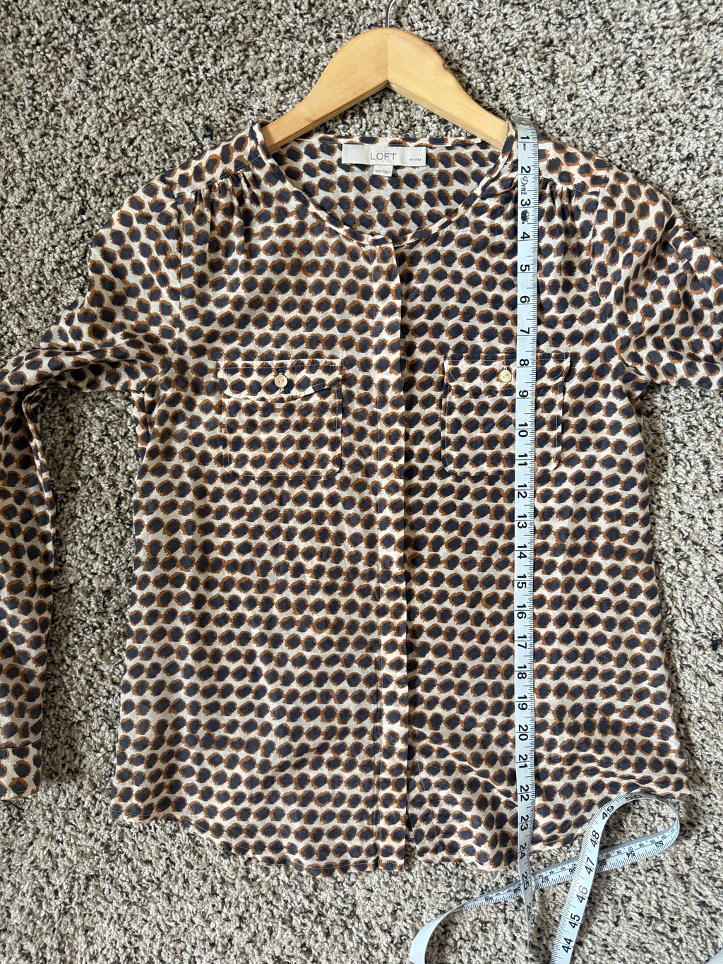 Loft 70% Cotton 30% Silk XSP Brown Black and Beige Dot Print Long Sleeve Button Down