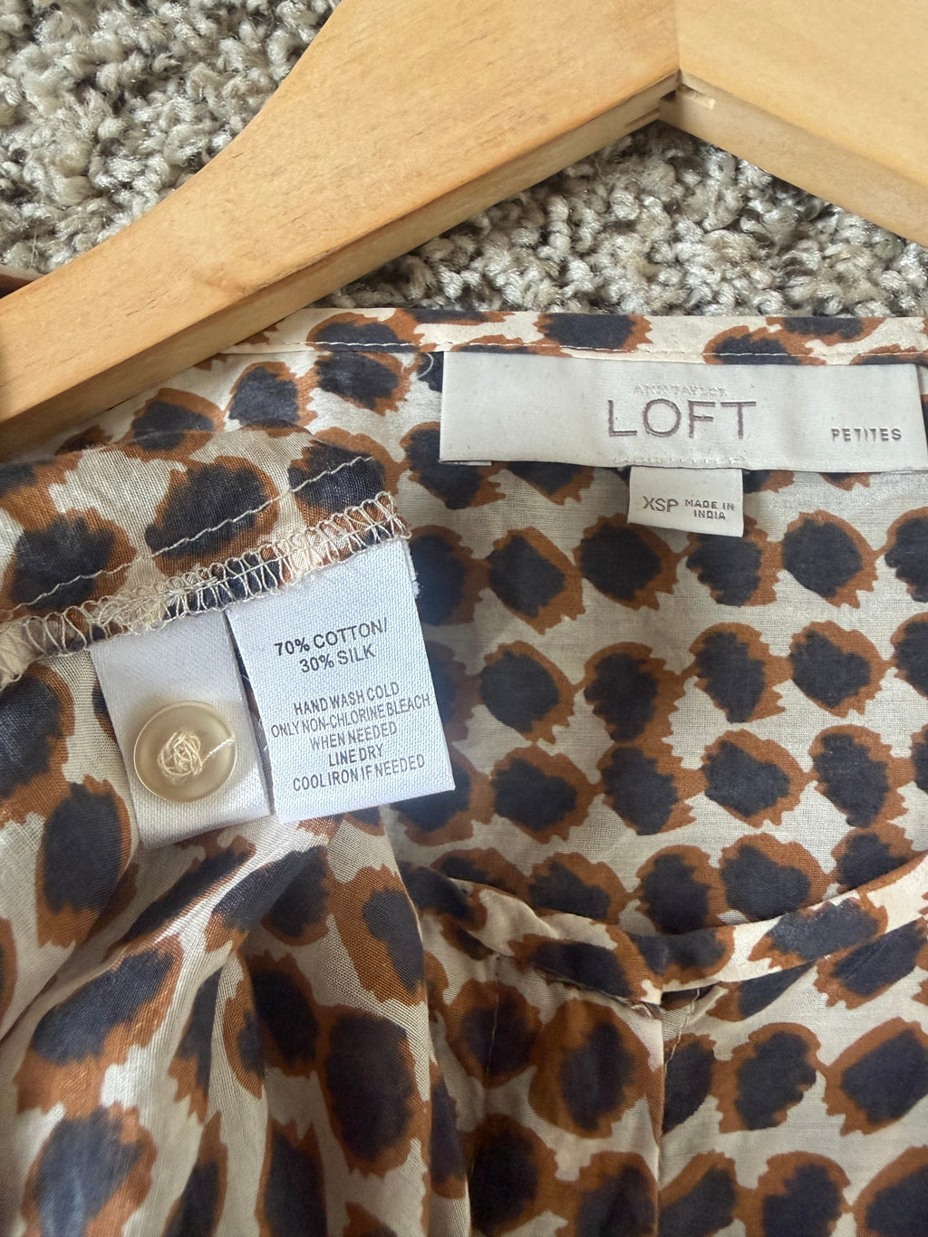 Loft 70% Cotton 30% Silk XSP Brown Black and Beige Dot Print Long Sleeve Button Down