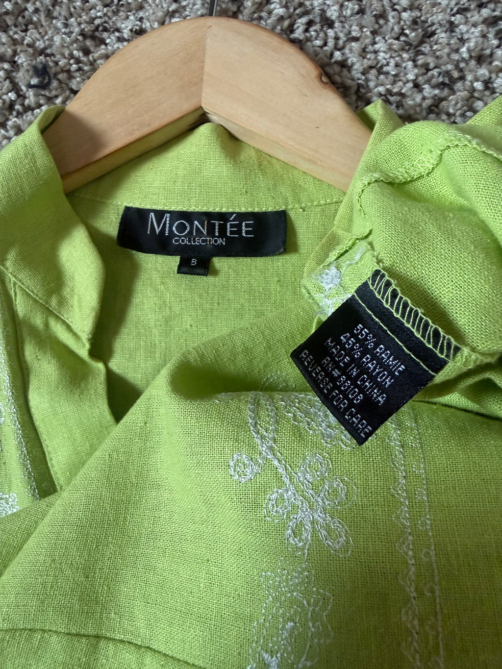 Montee Collection 55% Ramie 45% Rayon S Lime Green Short Sleeve Button Down with White Emroidered Flowers