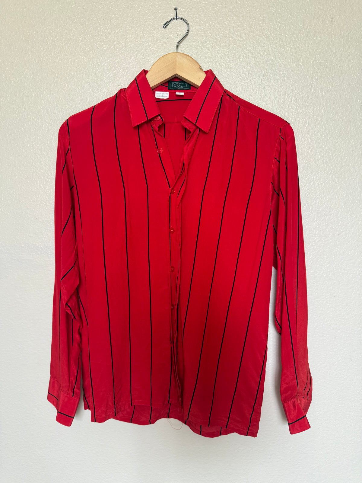 Bocci Italy 100% Pure Silk S Red With Vertical Black Stripes Long Sleeve Button Down