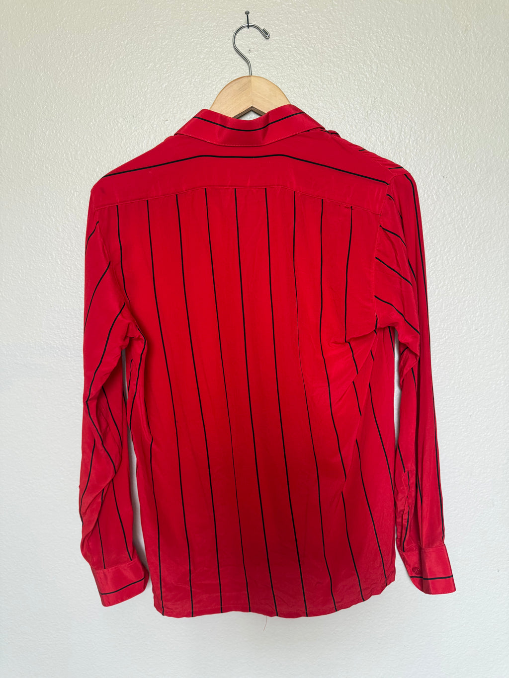 Bocci Italy 100% Pure Silk S Red With Vertical Black Stripes Long Sleeve Button Down