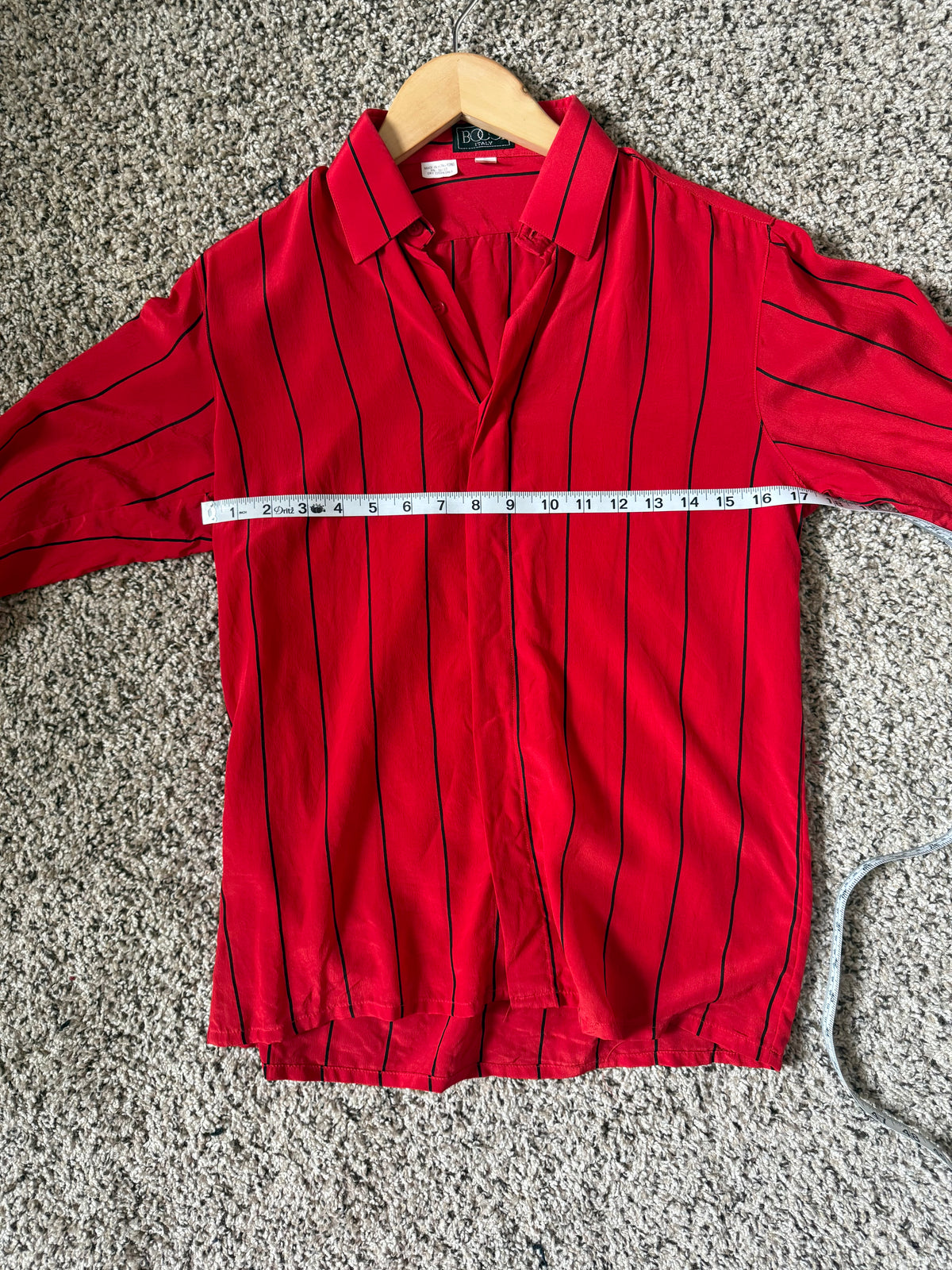 Bocci Italy 100% Pure Silk S Red With Vertical Black Stripes Long Sleeve Button Down