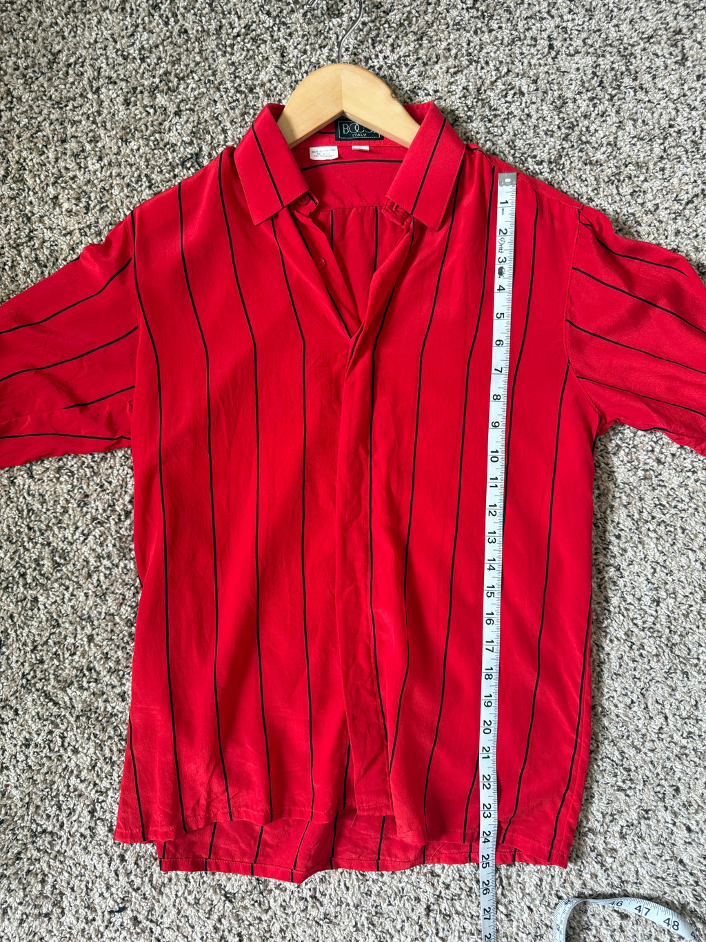 Bocci Italy 100% Pure Silk S Red With Vertical Black Stripes Long Sleeve Button Down