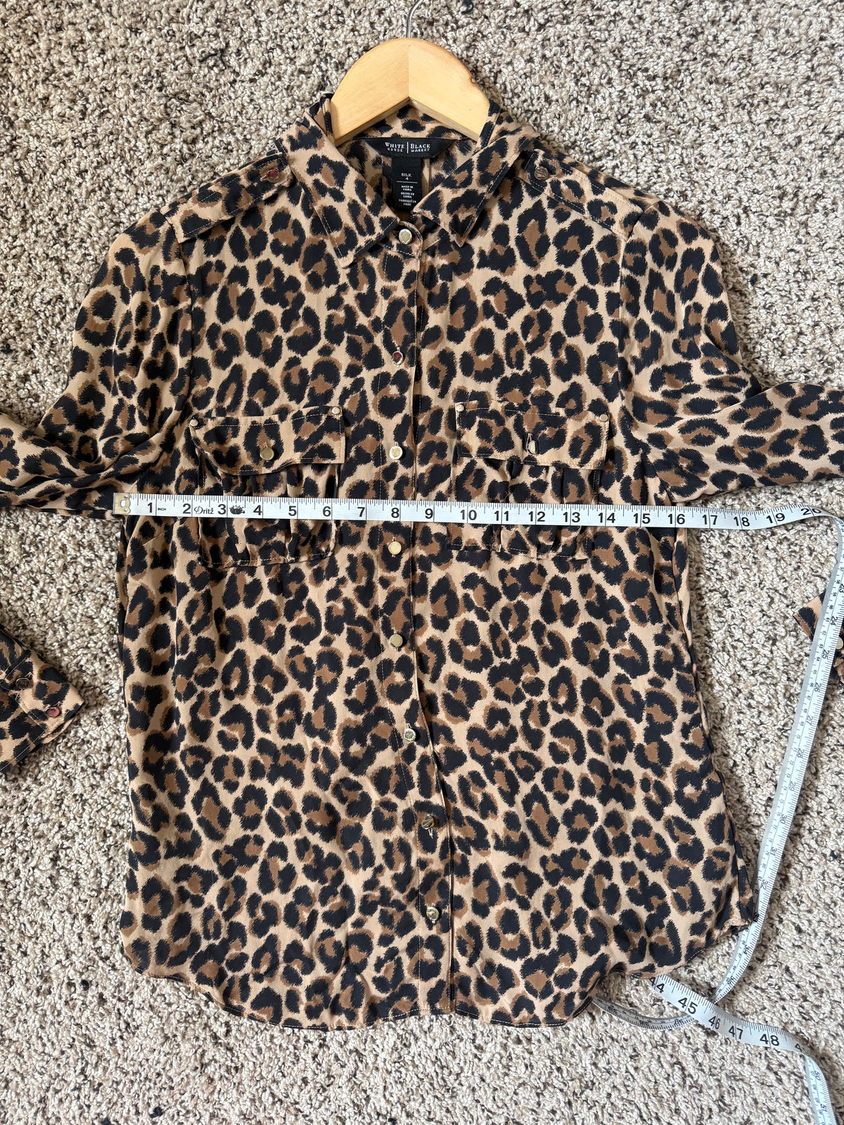 White House Black Market 100% Silk Size 4 Cheetah Print Long Sleeve Button Down
