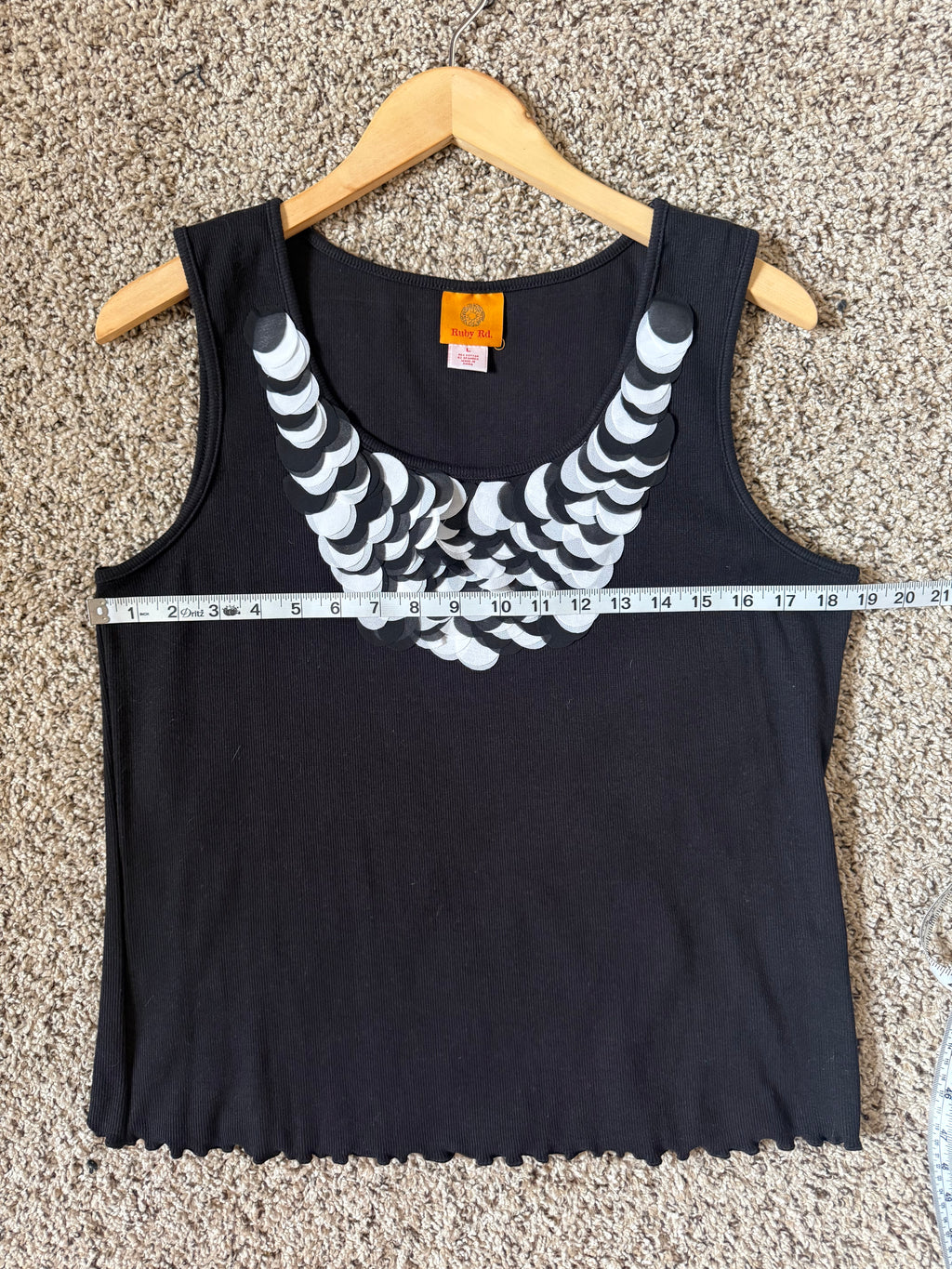 Ruby Rd. 96% Cotton 4% Spandex L Black Tank Top with 3D Black and White Cirlce Detail