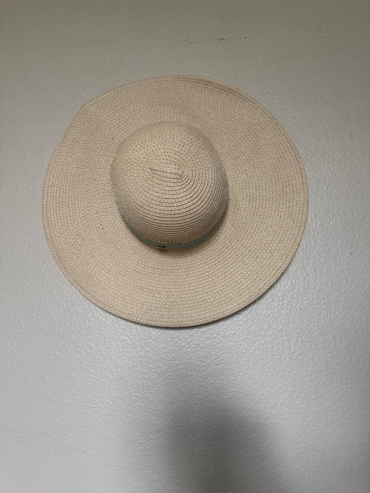 Adrienne Vittadini 100% Paper Straw Beige Floppy Sun Hat With Teal Weave